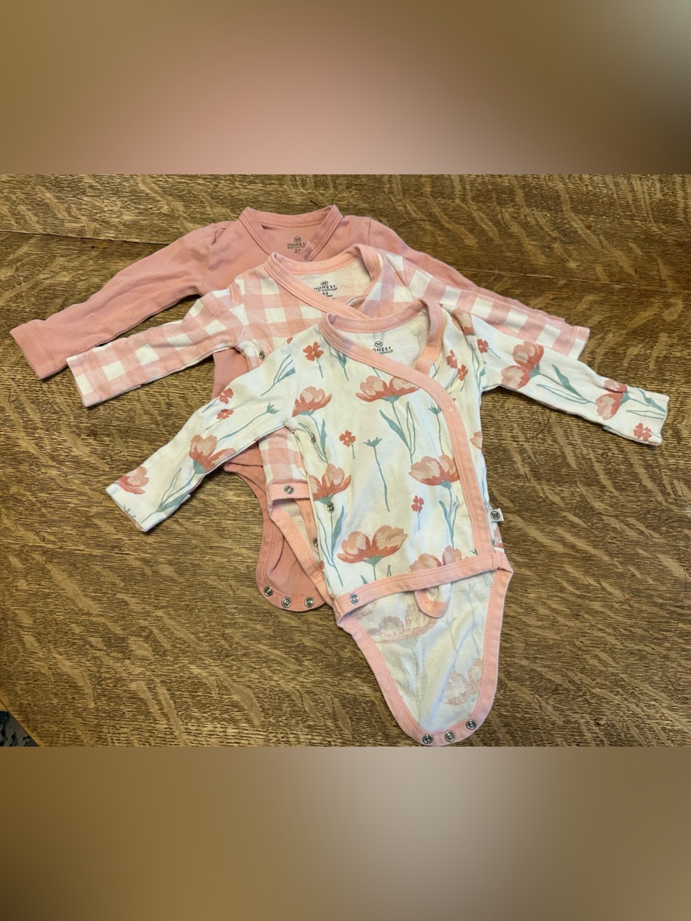 Honest Co Pink Floral, Gingham & Solid Long-Sleeve Baby kimono bodysuit lot